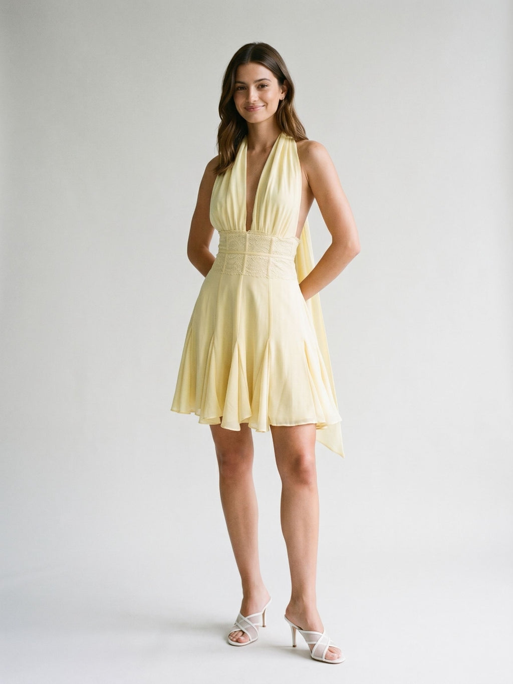 Daffodil Chiffon A-Line Halter Neckline Backless Short Homecoming Dress with Pleating