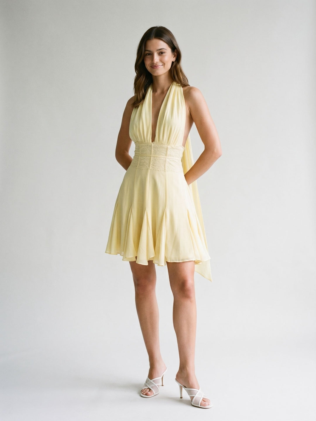 Daffodil Chiffon A-Line Halter Neckline Backless Short Homecoming Dress with Pleating