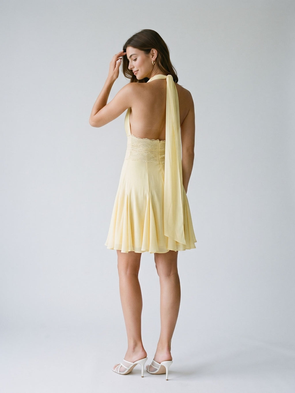 Daffodil Chiffon A-Line Halter Neckline Backless Short Homecoming Dress with Pleating