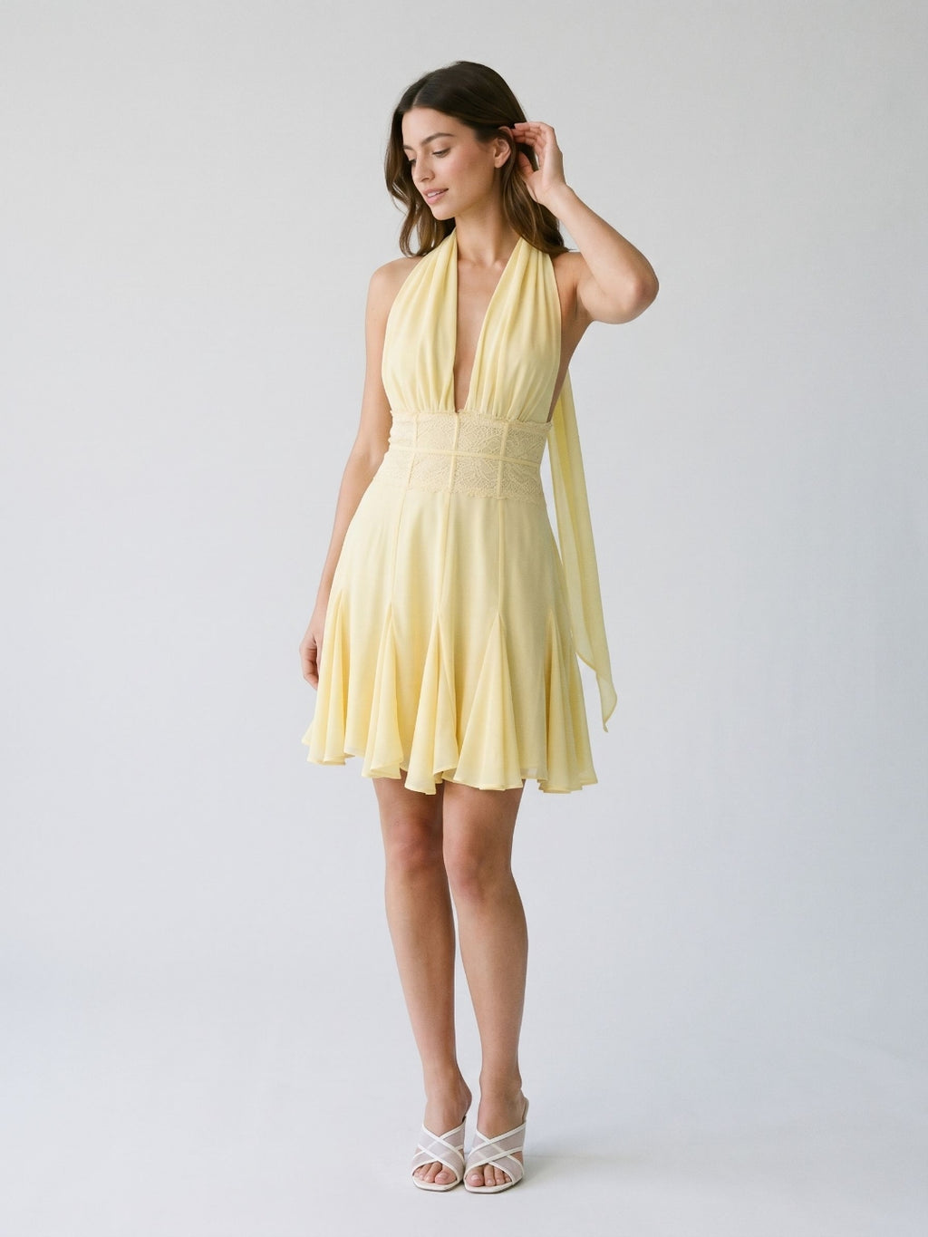 Daffodil Chiffon A-Line Halter Neckline Backless Short Homecoming Dress with Pleating