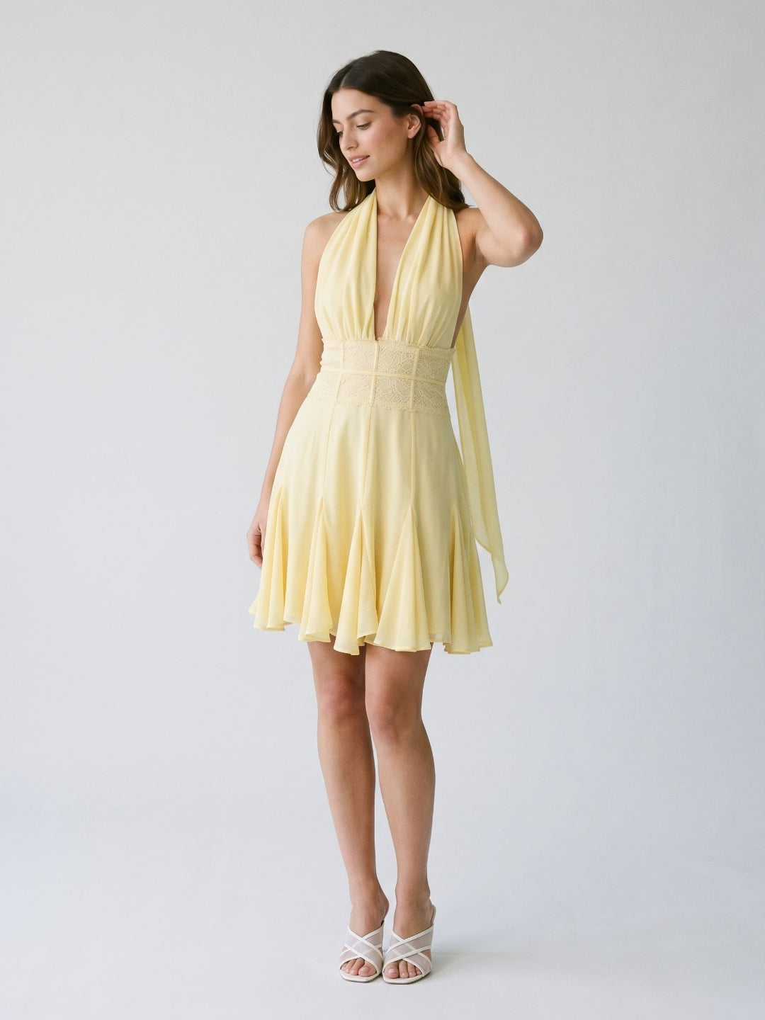 Daffodil Chiffon A-Line Halter Neckline Backless Short Homecoming Dress with Pleating