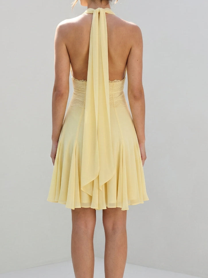 Daffodil Chiffon A-Line Halter Neckline Backless Short Homecoming Dress with Pleating