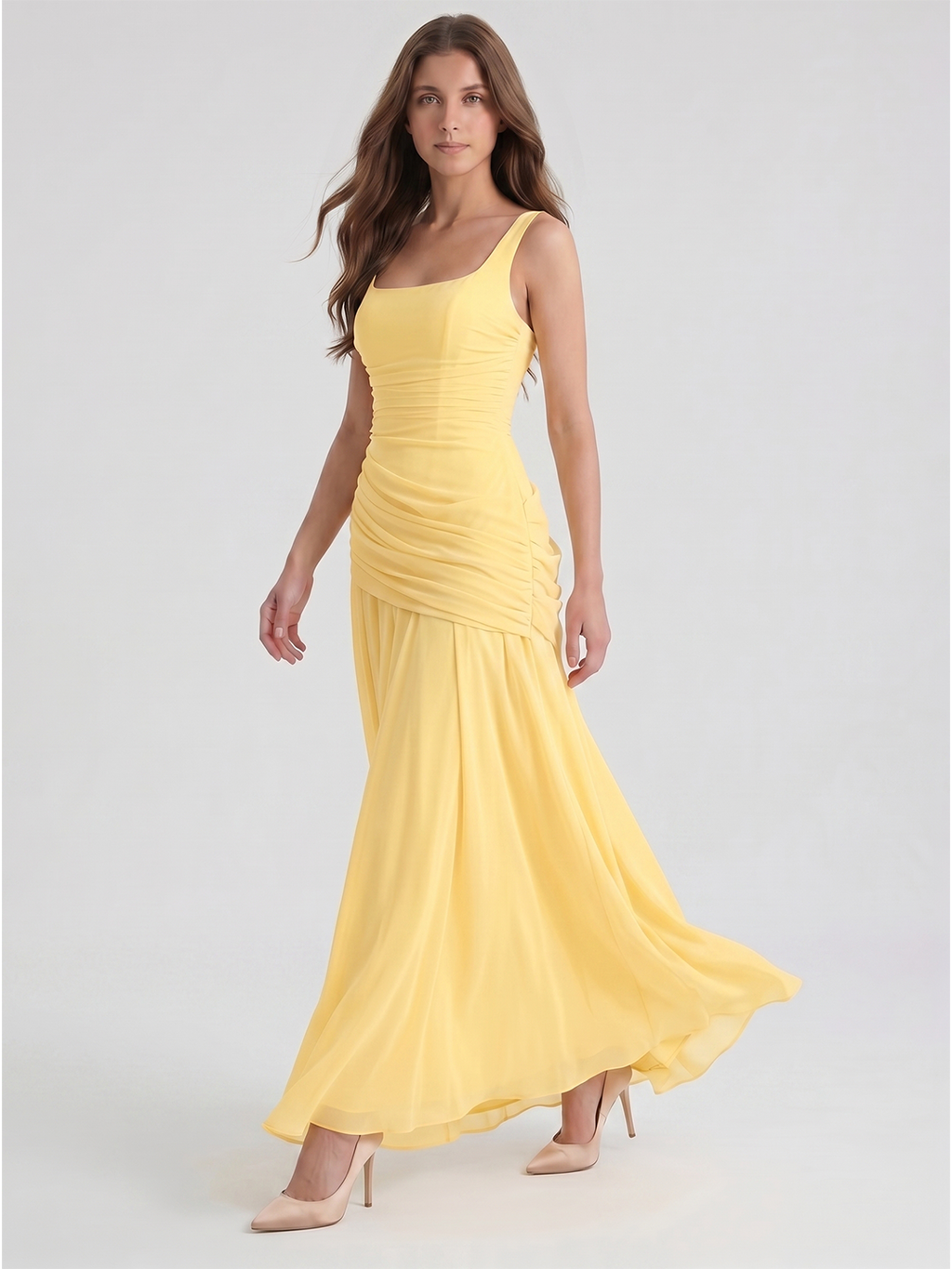 Daffodil Chiffon A-Line Square Neck Criss-Cross Floor-Length Bridesmaid Dress with Pleats