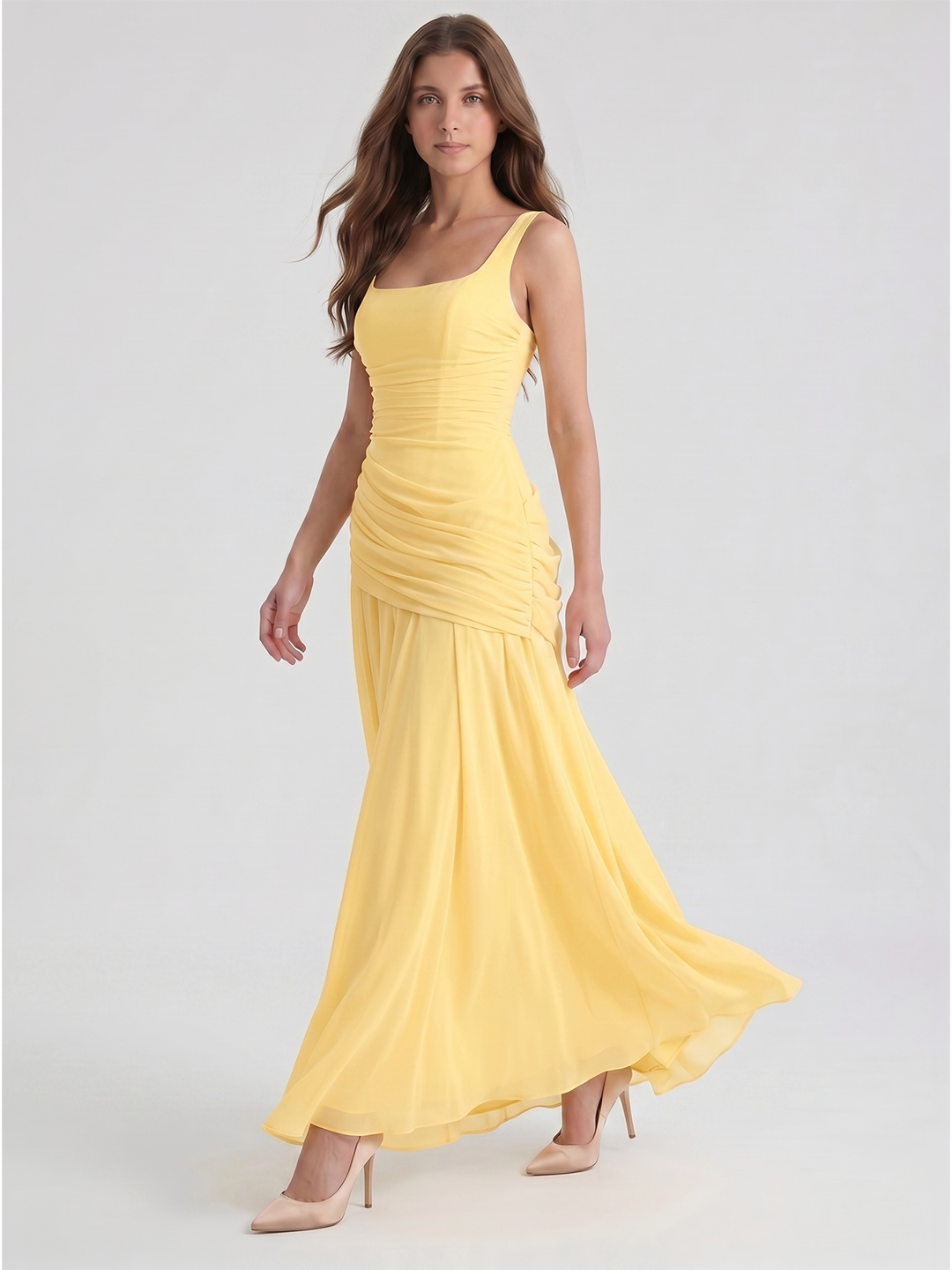 Daffodil Chiffon A-Line Square Neck Criss-Cross Floor-Length Bridesmaid Dress with Pleats