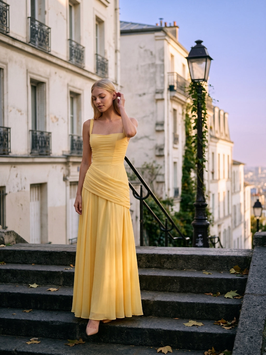 Daffodil Chiffon A-Line Square Neck Criss-Cross Floor-Length Bridesmaid Dress with Pleats