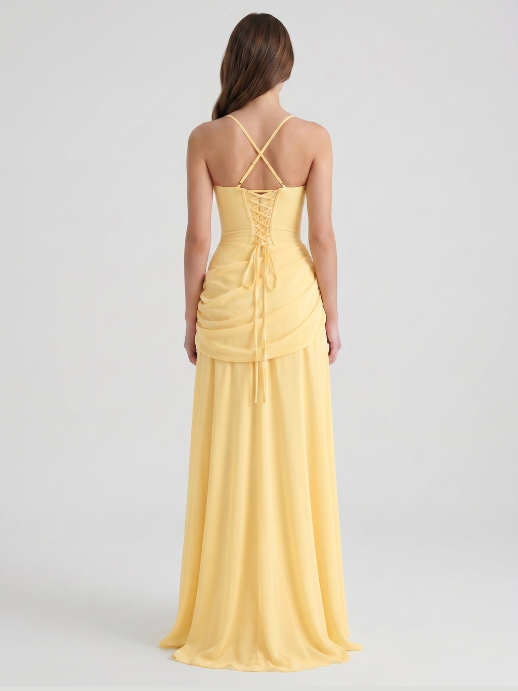 Daffodil Chiffon A-Line Square Neck Criss-Cross Floor-Length Bridesmaid Dress with Pleats