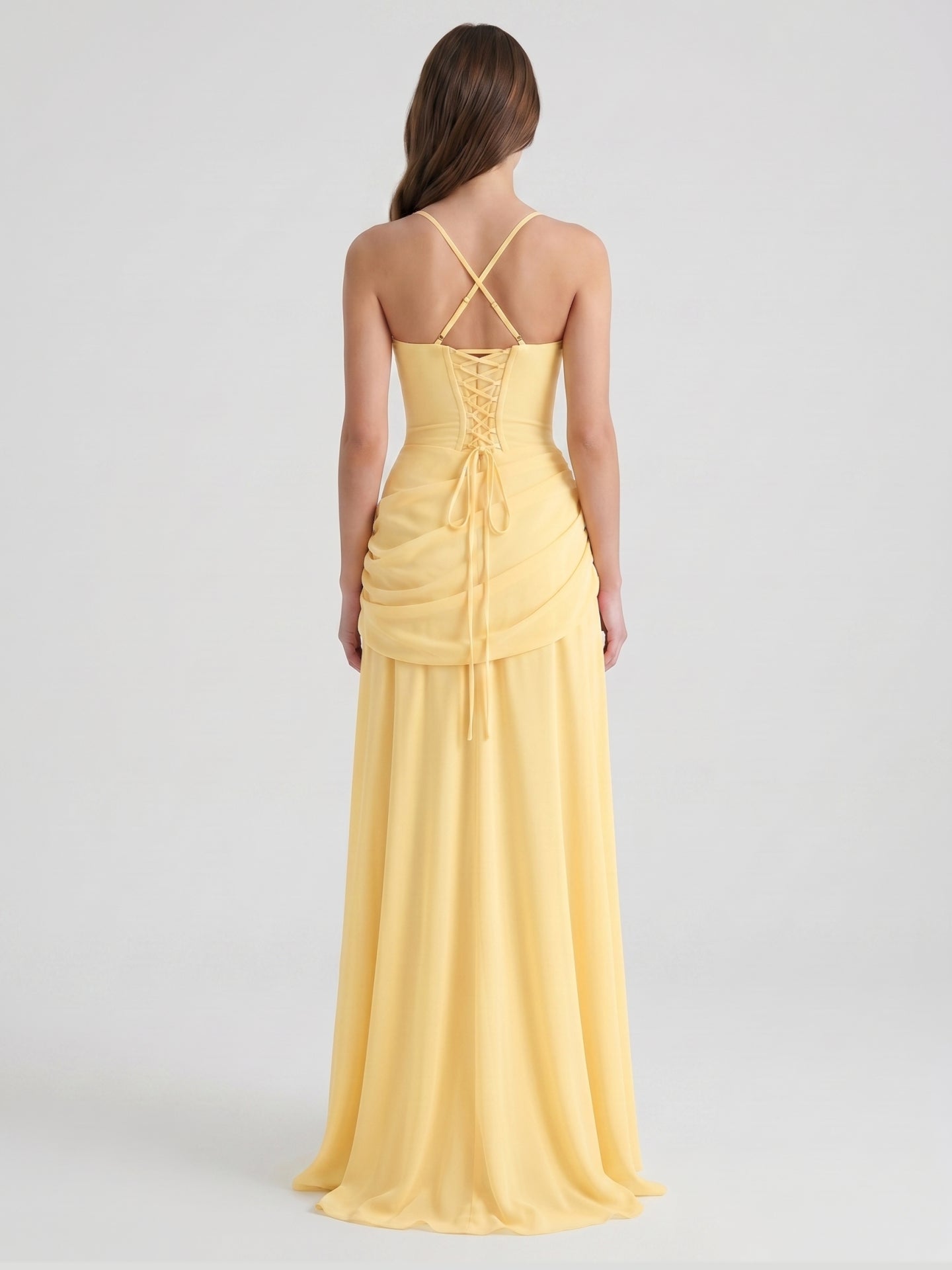 Daffodil Chiffon A-Line Square Neck Criss-Cross Floor-Length Bridesmaid Dress with Pleats