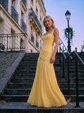 Daffodil Chiffon A-Line Square Neck Criss-Cross Floor-Length Bridesmaid Dress with Pleats