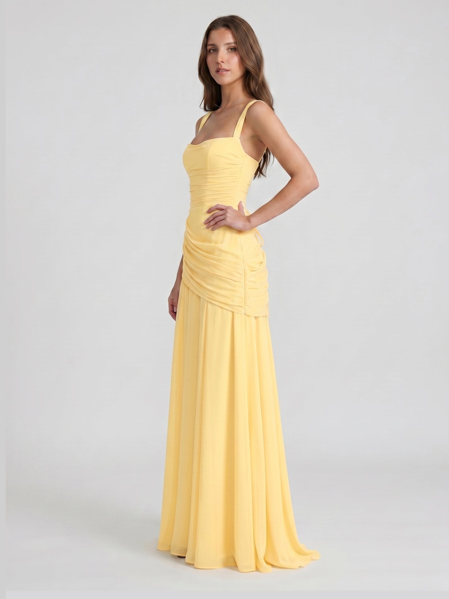 Daffodil Chiffon A-Line Square Neck Criss-Cross Floor-Length Bridesmaid Dress with Pleats