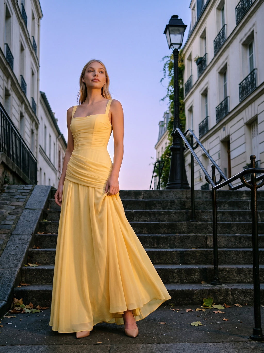 Daffodil Chiffon A-Line Square Neck Criss-Cross Floor-Length Bridesmaid Dress with Pleats