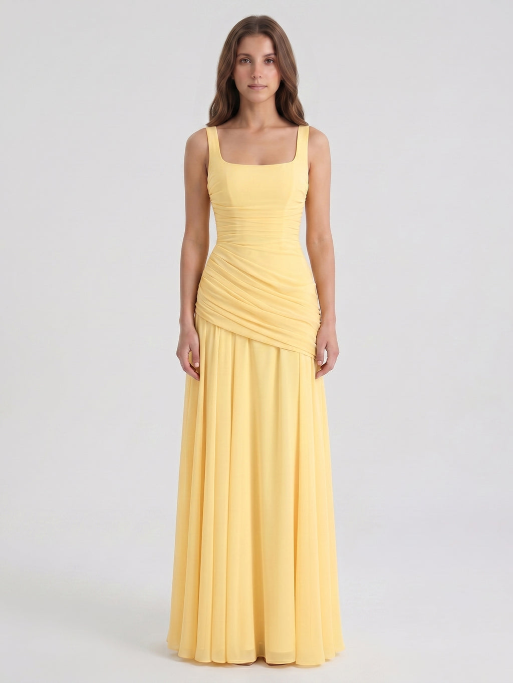 Daffodil Chiffon A-Line Square Neck Criss-Cross Floor-Length Bridesmaid Dress with Pleats