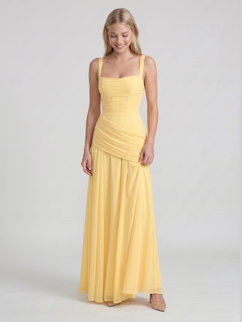 Daffodil Chiffon A-Line Square Neck Criss-Cross Floor-Length Bridesmaid Dress with Pleats
