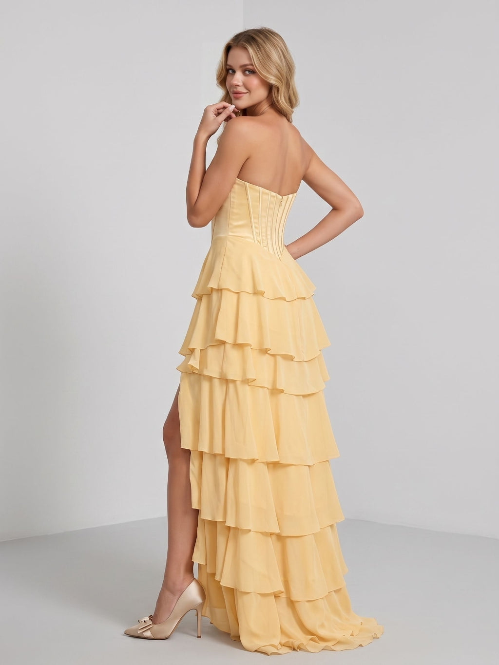 Daffodil Chiffon A-Line Sweetheart Back Zip Floor-Length Dress