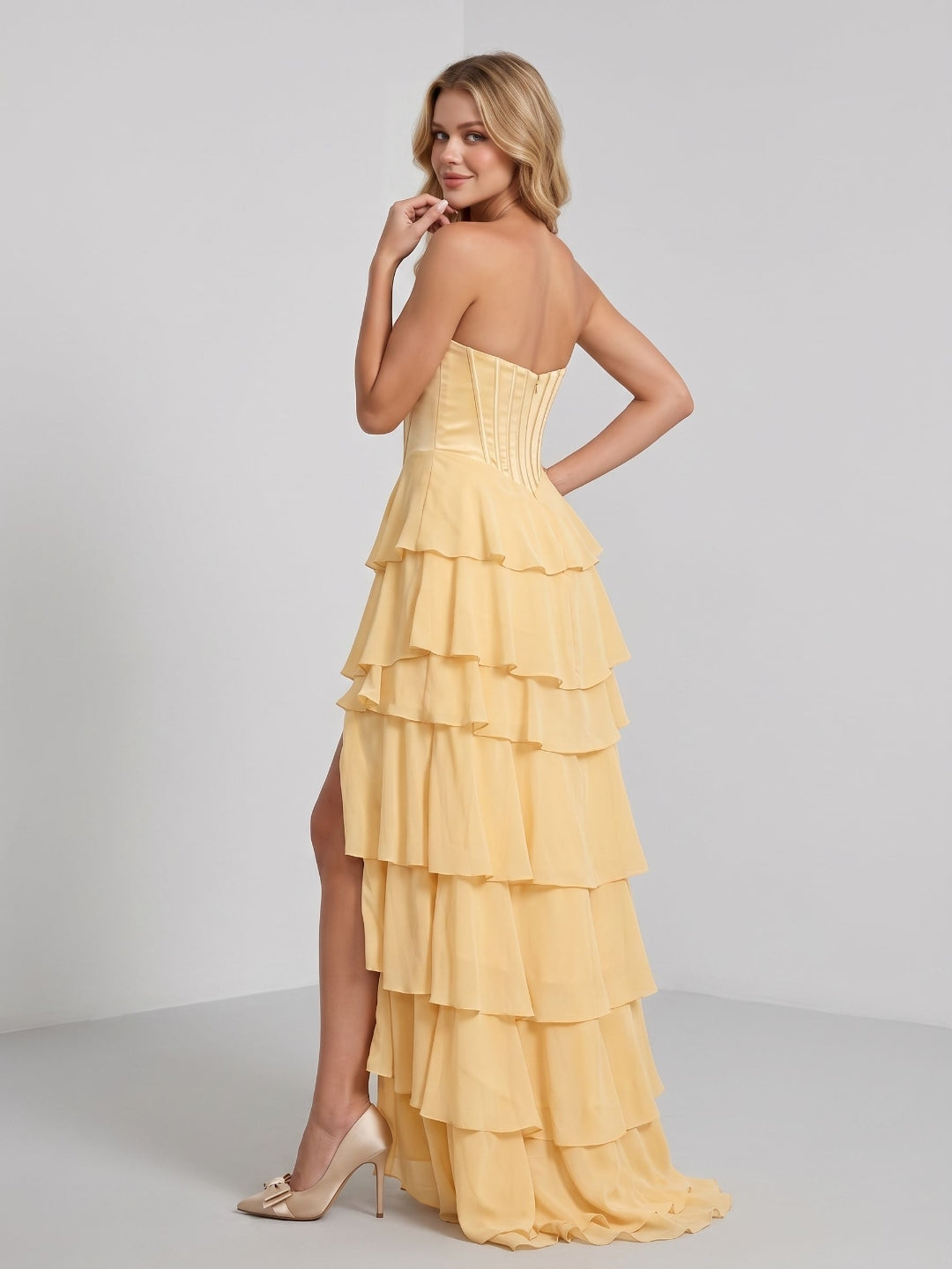 Daffodil Chiffon A-Line Sweetheart Back Zip Floor-Length Dress