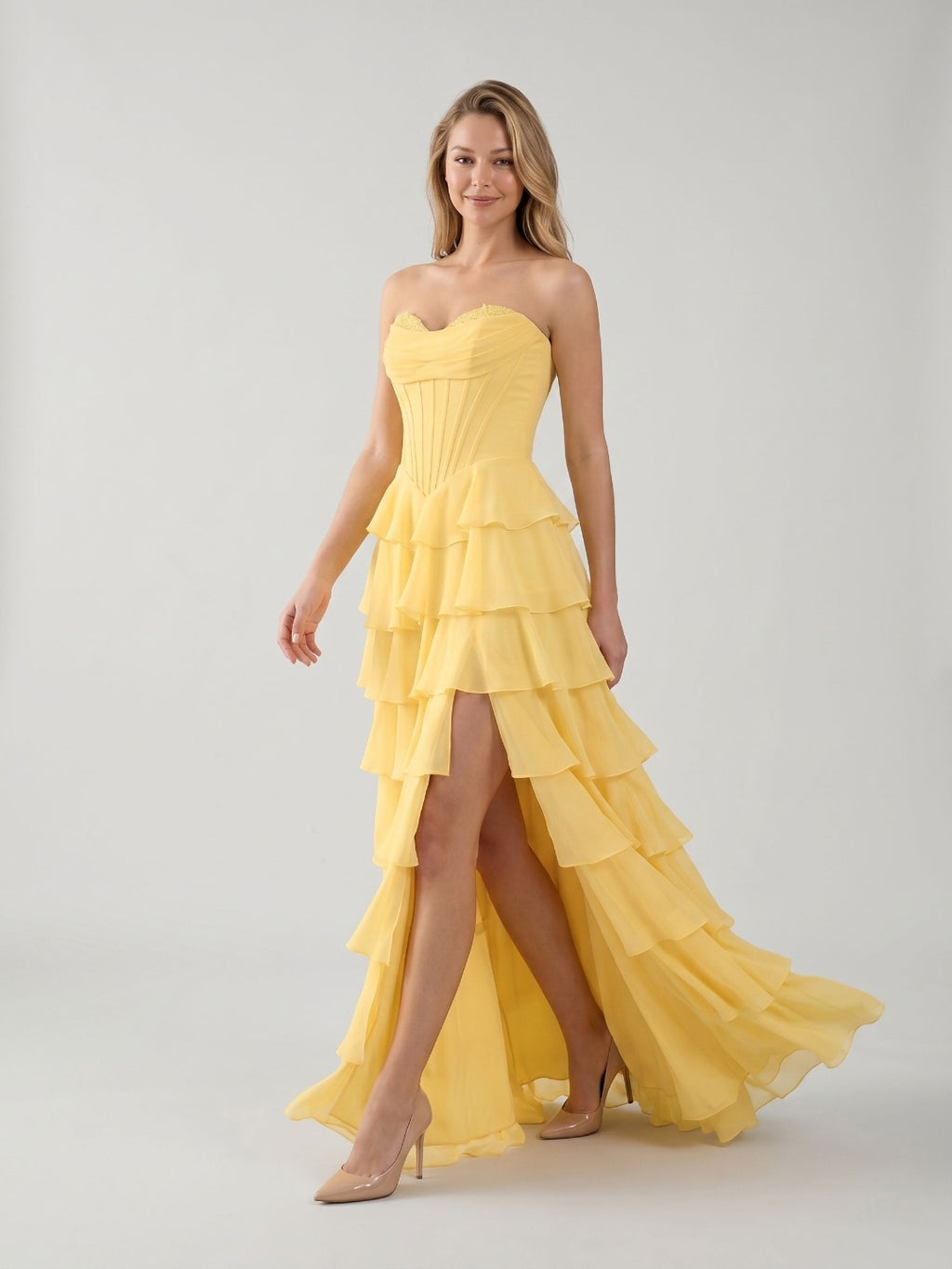 Daffodil Chiffon A-Line Sweetheart Lace-Up Back Floor-Length Birthday Dress with Ruffle Tiers