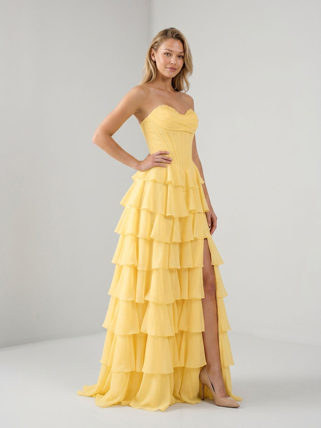 Daffodil Chiffon A-Line Sweetheart Lace-Up Back Floor-Length Birthday Dress with Ruffle Tiers