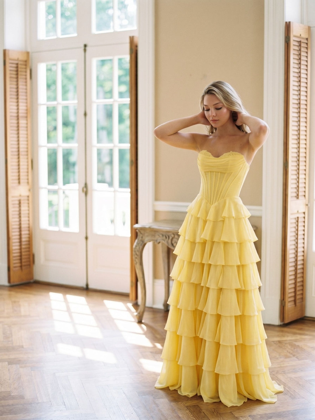 Daffodil Chiffon A-Line Sweetheart Lace-Up Back Floor-Length Birthday Dress with Ruffle Tiers
