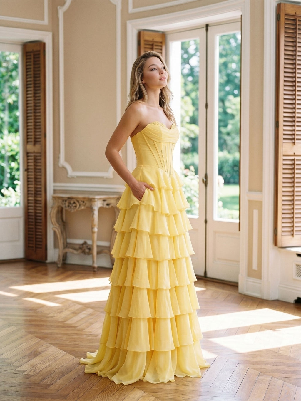 Daffodil Chiffon A-Line Sweetheart Lace-Up Back Floor-Length Birthday Dress with Ruffle Tiers