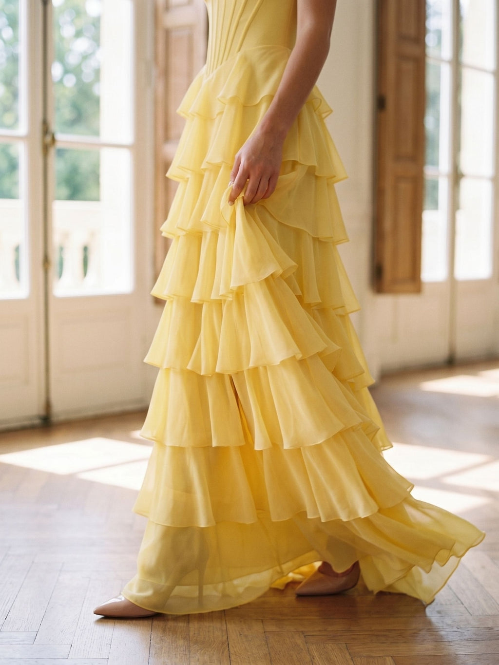 Daffodil Chiffon A-Line Sweetheart Lace-Up Back Floor-Length Birthday Dress with Ruffle Tiers
