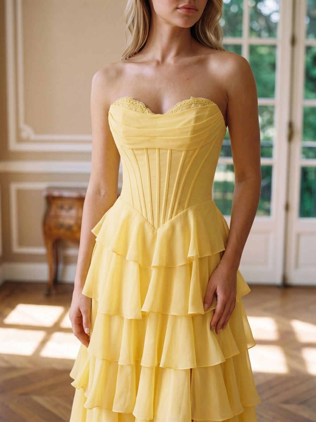 Daffodil Chiffon A-Line Sweetheart Lace-Up Back Floor-Length Birthday Dress with Ruffle Tiers