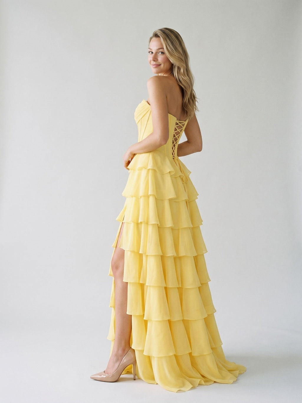 Daffodil Chiffon A-Line Sweetheart Lace-Up Back Floor-Length Birthday Dress with Ruffle Tiers