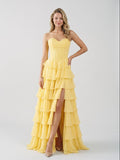 Daffodil Chiffon A-Line Sweetheart Lace-Up Back Floor-Length Birthday Dress with Ruffle Tiers