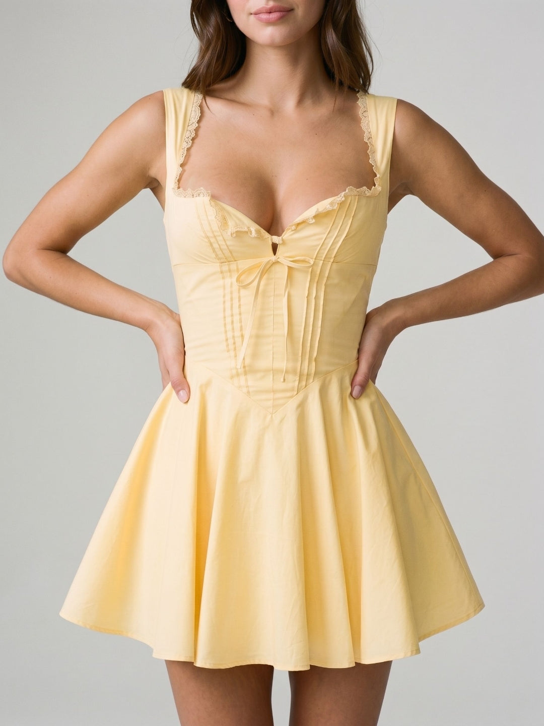 Daffodil Satin A-Line Sweetheart Lace-Up Back Short Dress with Pleating