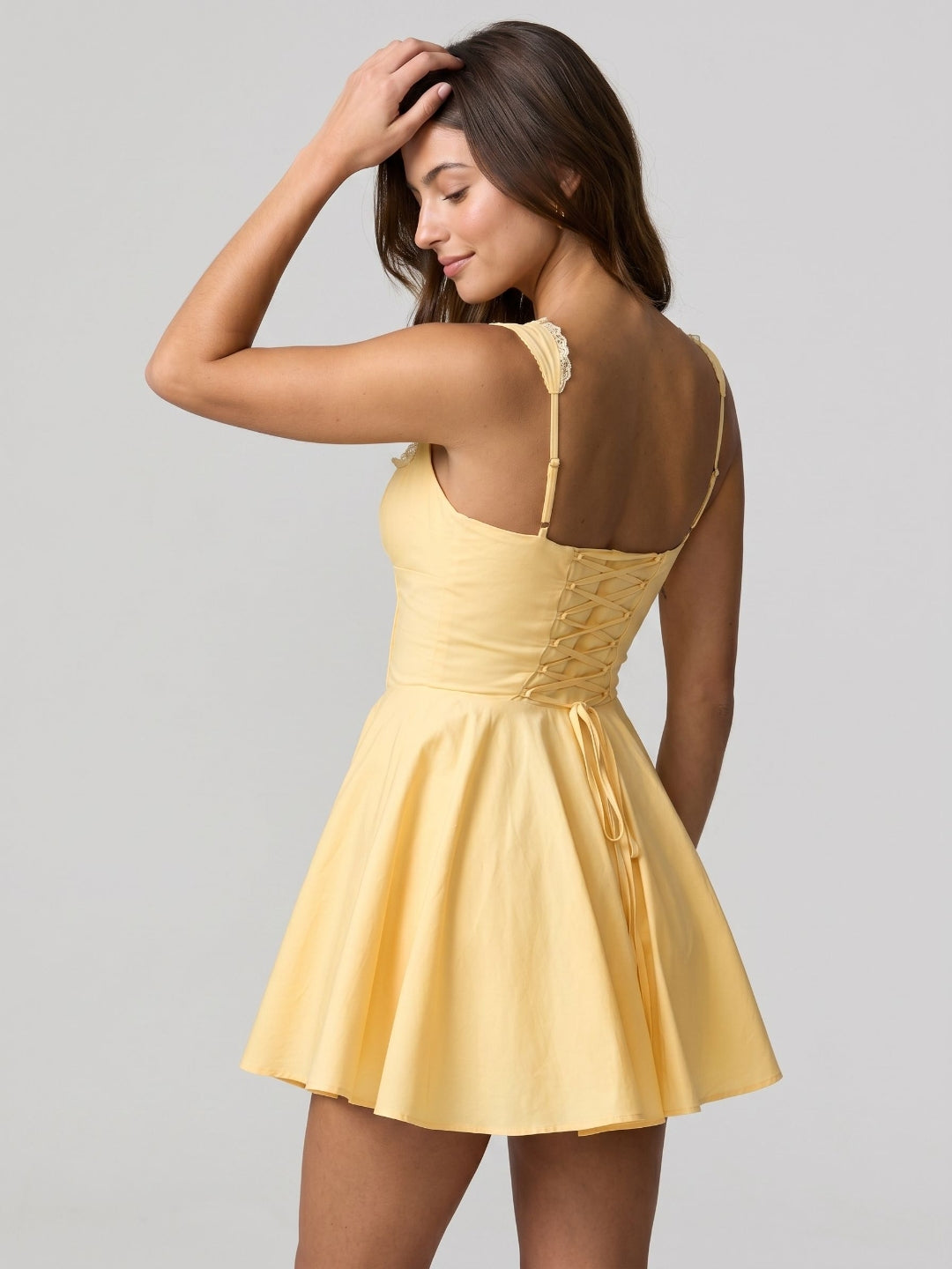 Daffodil Satin A-Line Sweetheart Lace-Up Back Short Dress with Pleating
