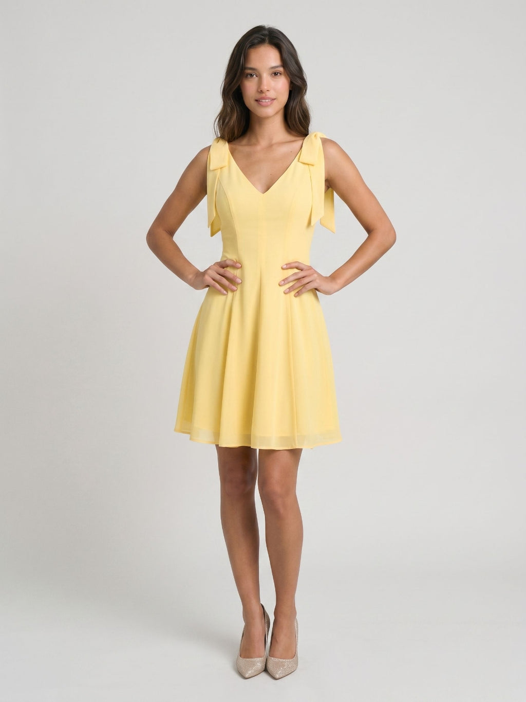 Daffodil Chiffon A-Line V-Neck Backless Short Birthday Dress with Pleating