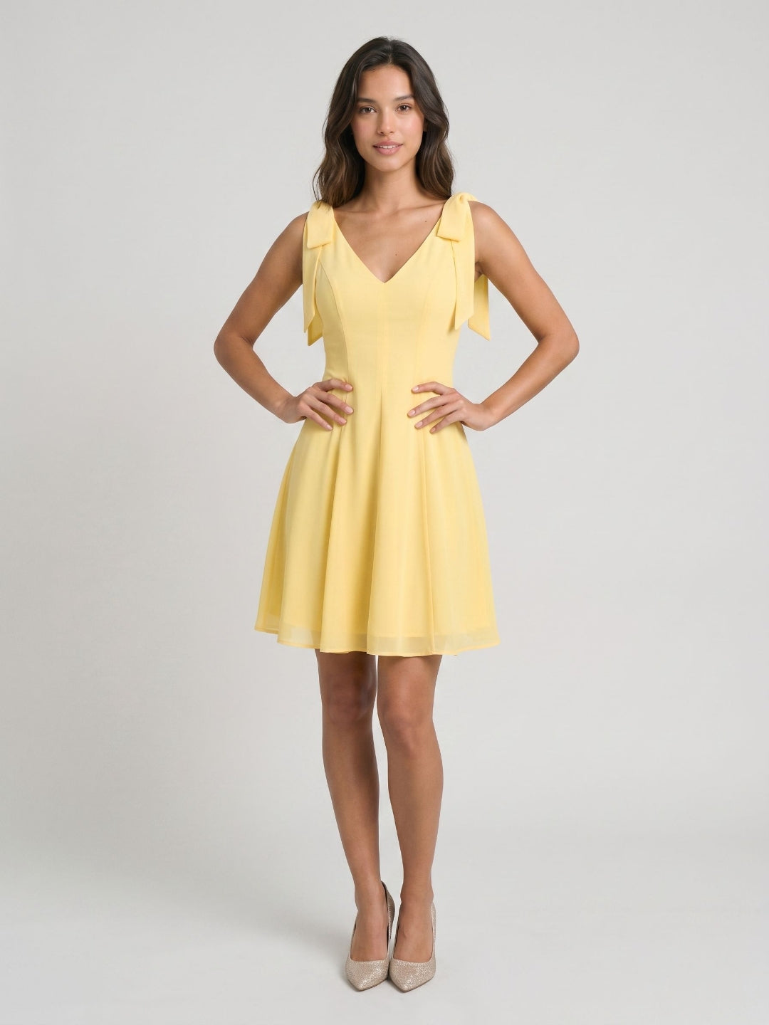 Daffodil Chiffon A-Line V-Neck Backless Short Birthday Dress with Pleating