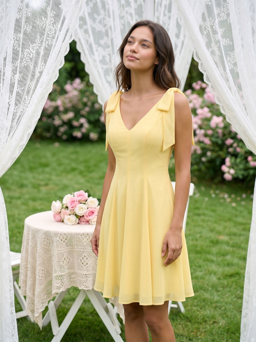 Daffodil Chiffon A-Line V-Neck Backless Short Birthday Dress with Pleating