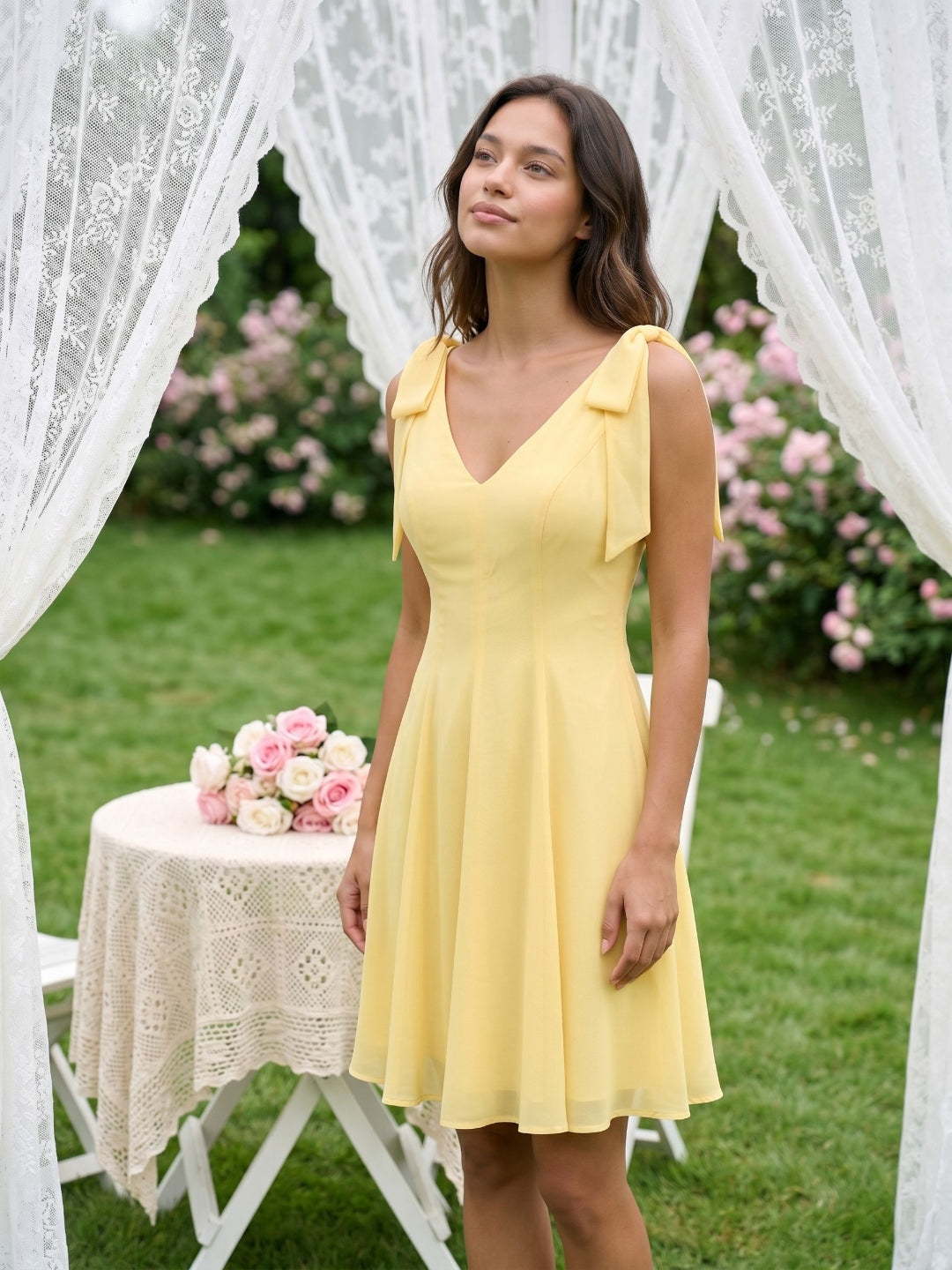 Daffodil Chiffon A-Line V-Neck Backless Short Birthday Dress with Pleating