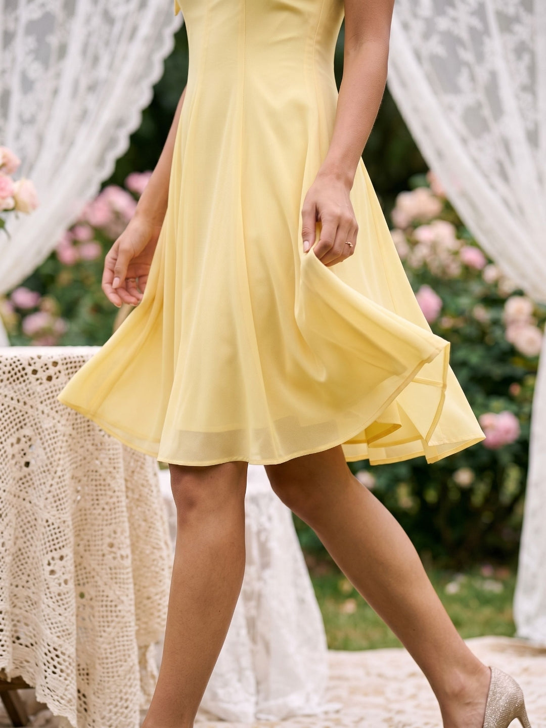 Daffodil Chiffon A-Line V-Neck Backless Short Birthday Dress with Pleating