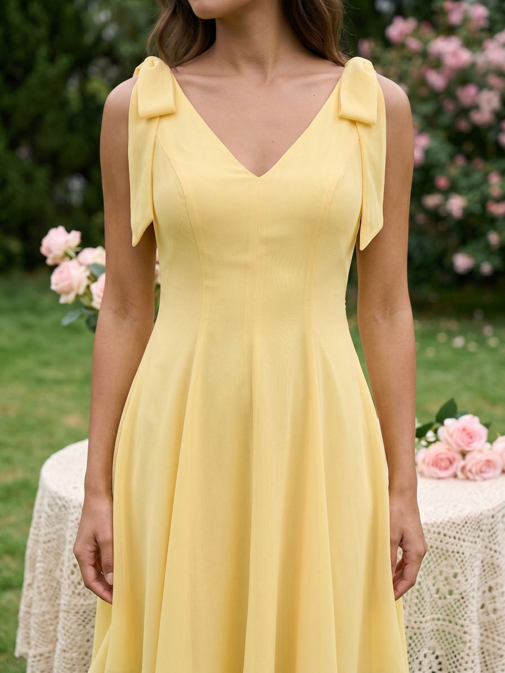 Daffodil Chiffon A-Line V-Neck Backless Short Birthday Dress with Pleating