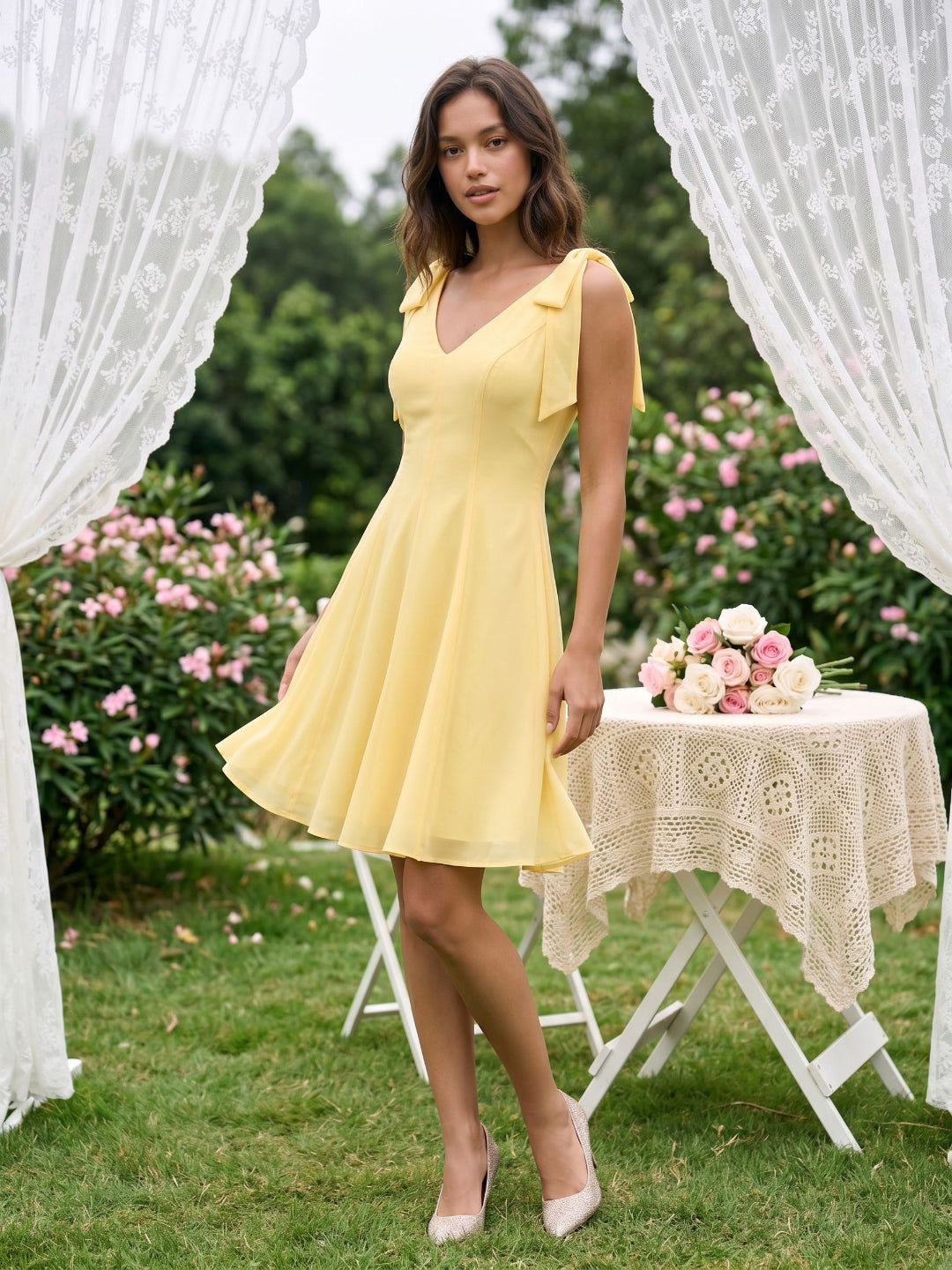 Daffodil Chiffon A-Line V-Neck Backless Short Birthday Dress with Pleating
