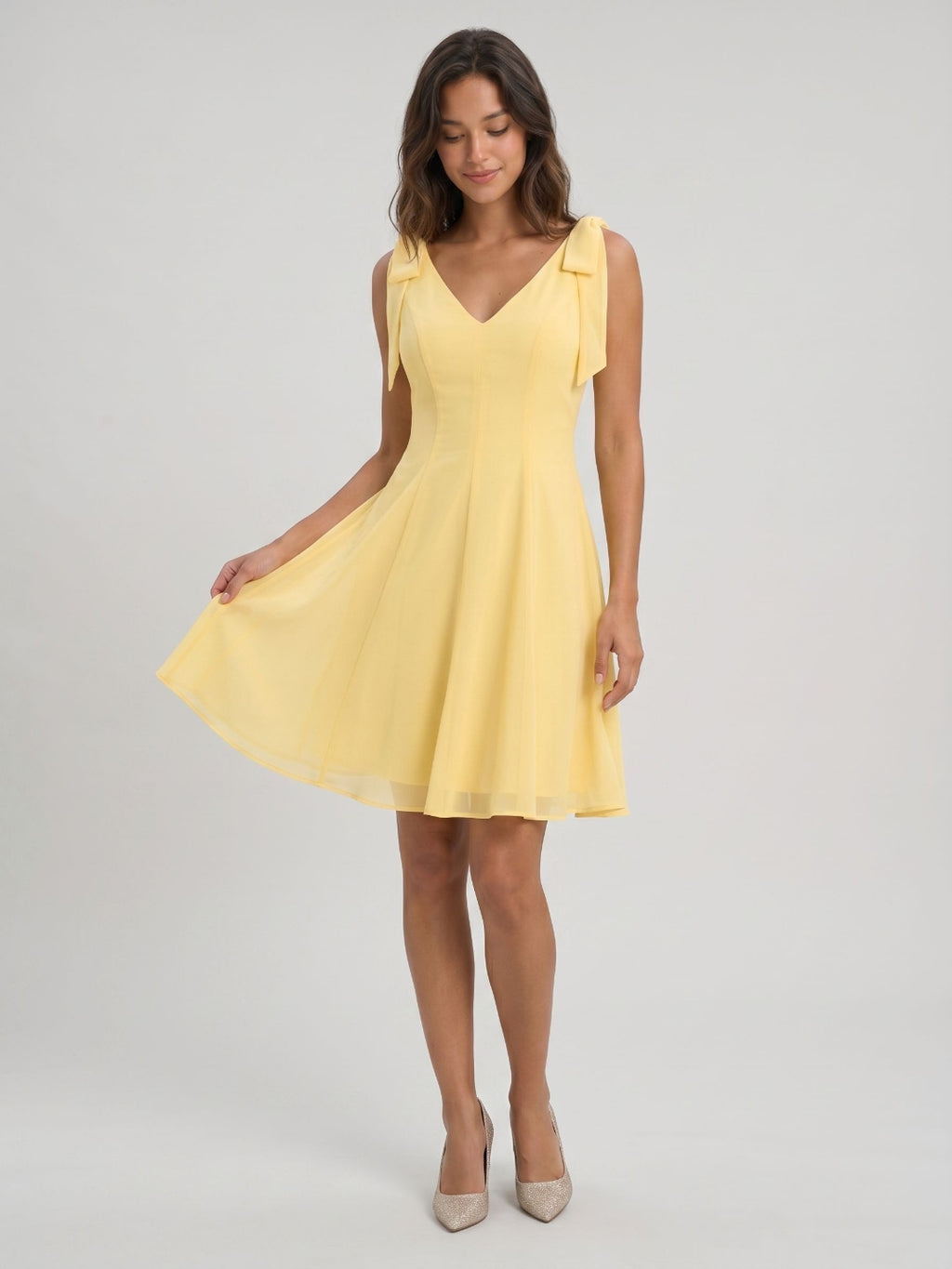 Daffodil Chiffon A-Line V-Neck Backless Short Birthday Dress with Pleating