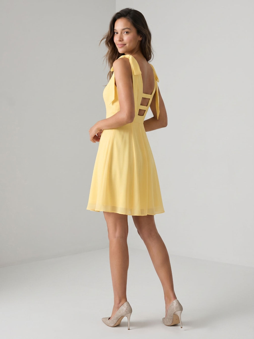 Daffodil Chiffon A-Line V-Neck Backless Short Birthday Dress with Pleating
