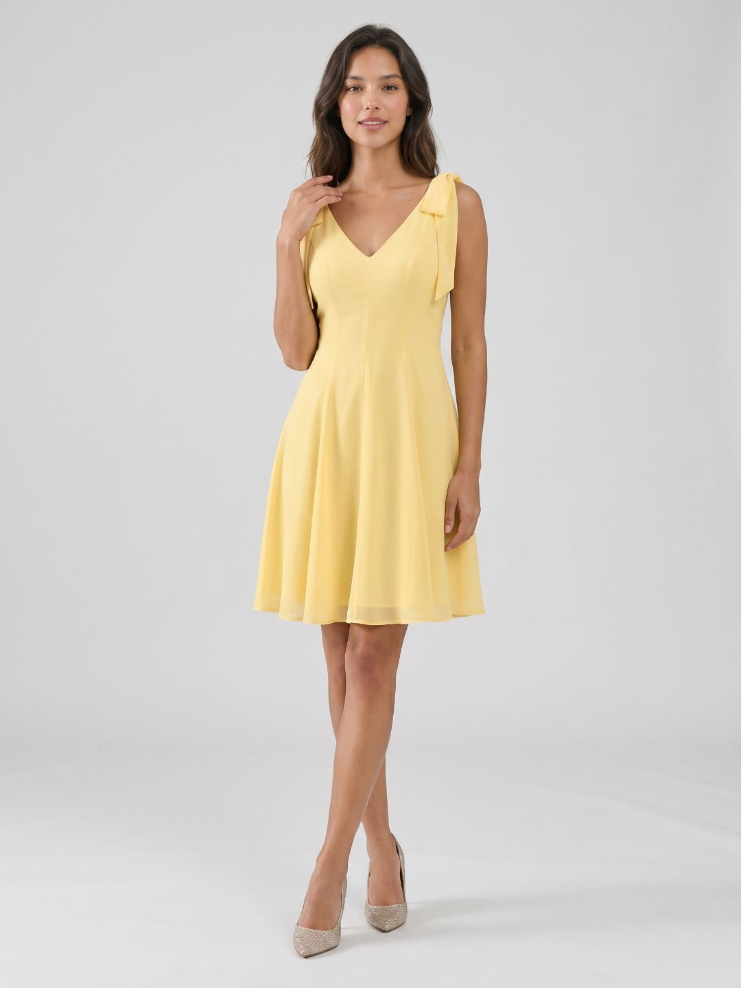 Daffodil Chiffon A-Line V-Neck Backless Short Birthday Dress with Pleating
