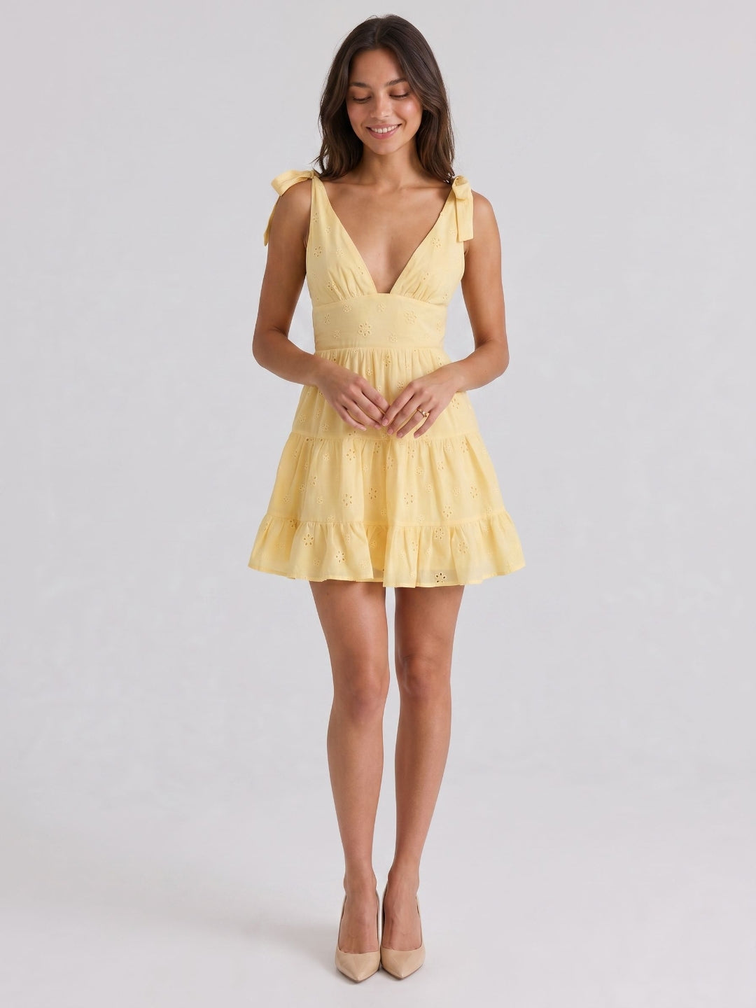 Daffodil Chiffon A-Line V-Neck Backless Short Dress with Pleating