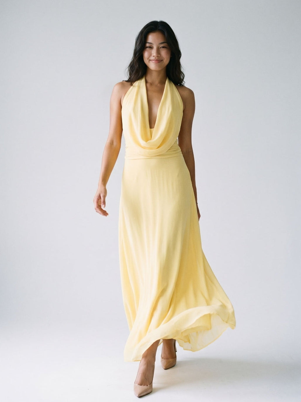 Daffodil Chiffon Column Halter Neckline Backless Ankle-Length Evening Dress
