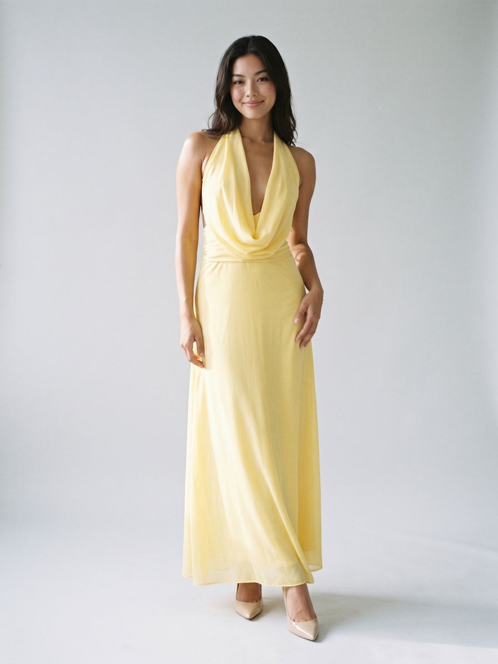 Daffodil Chiffon Column Halter Neckline Backless Ankle-Length Evening Dress