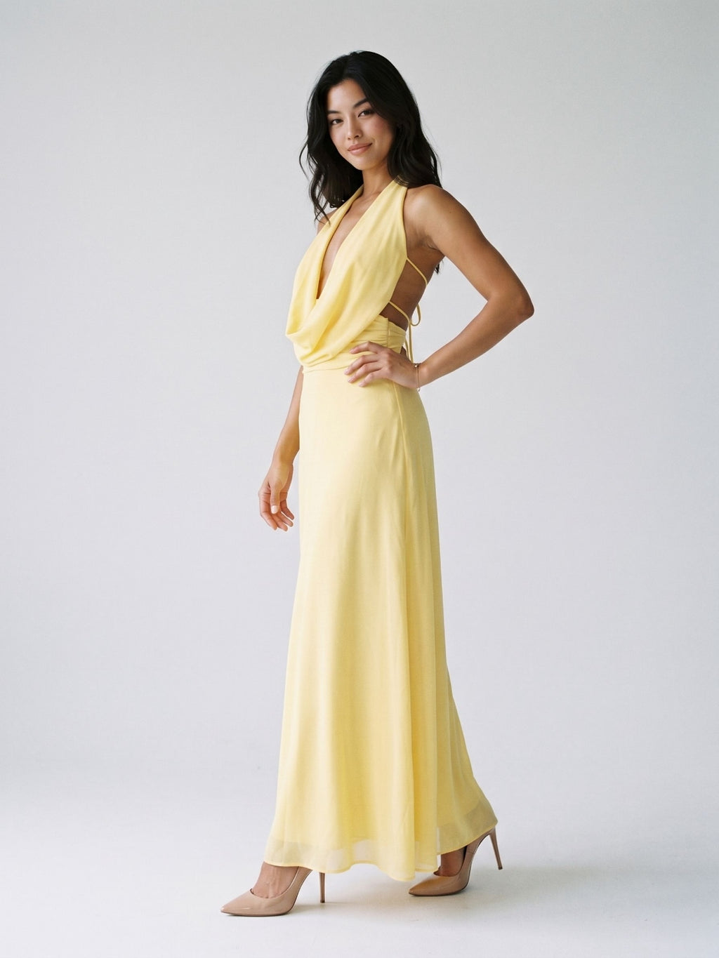 Daffodil Chiffon Column Halter Neckline Backless Ankle-Length Evening Dress