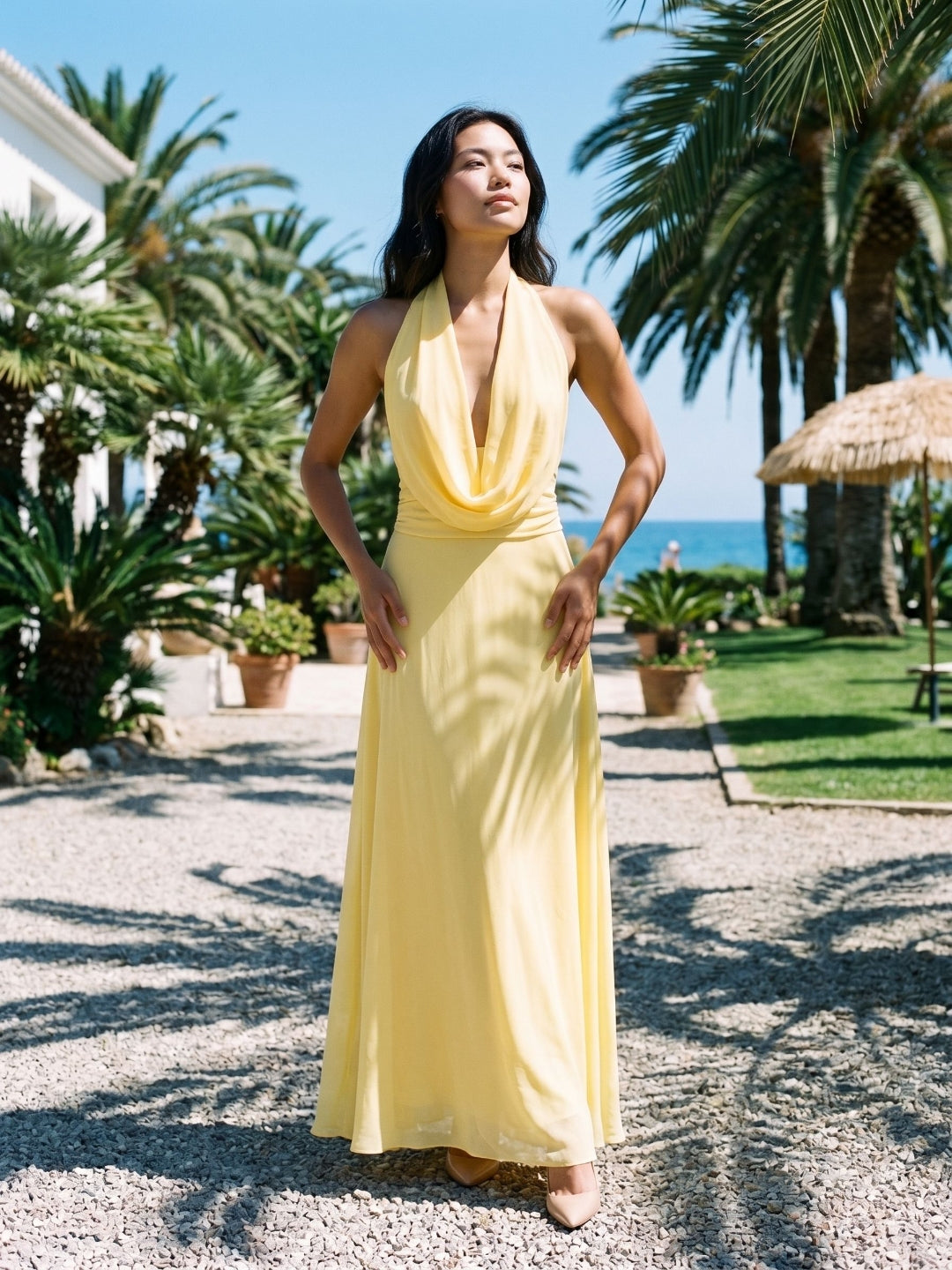 Daffodil Chiffon Column Halter Neckline Backless Ankle-Length Evening Dress