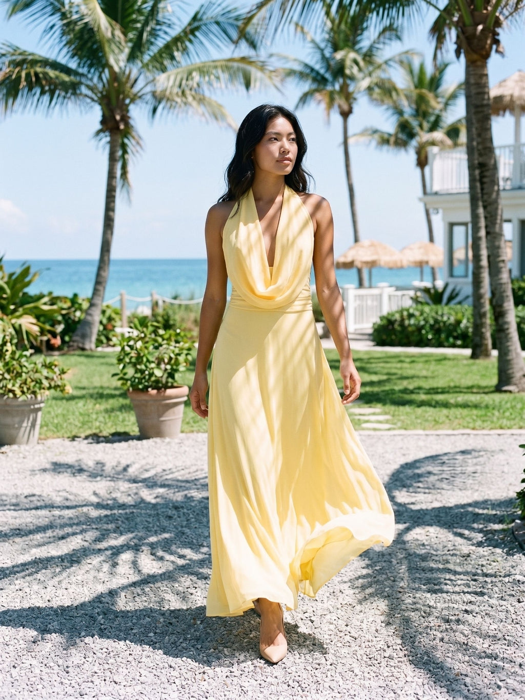 Daffodil Chiffon Column Halter Neckline Backless Ankle-Length Evening Dress