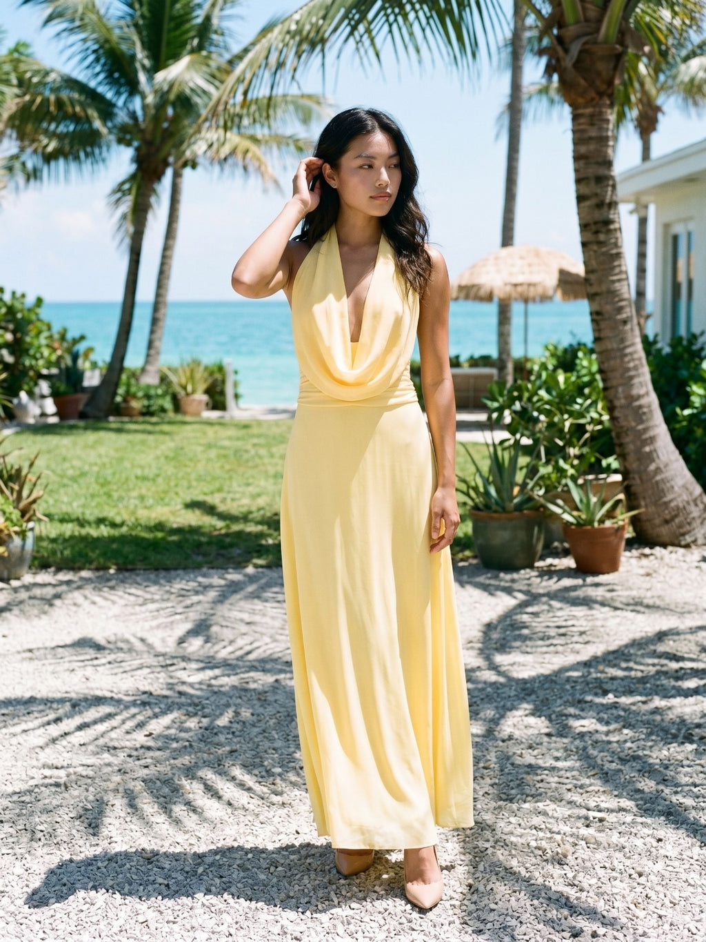 Daffodil Chiffon Column Halter Neckline Backless Ankle-Length Evening Dress