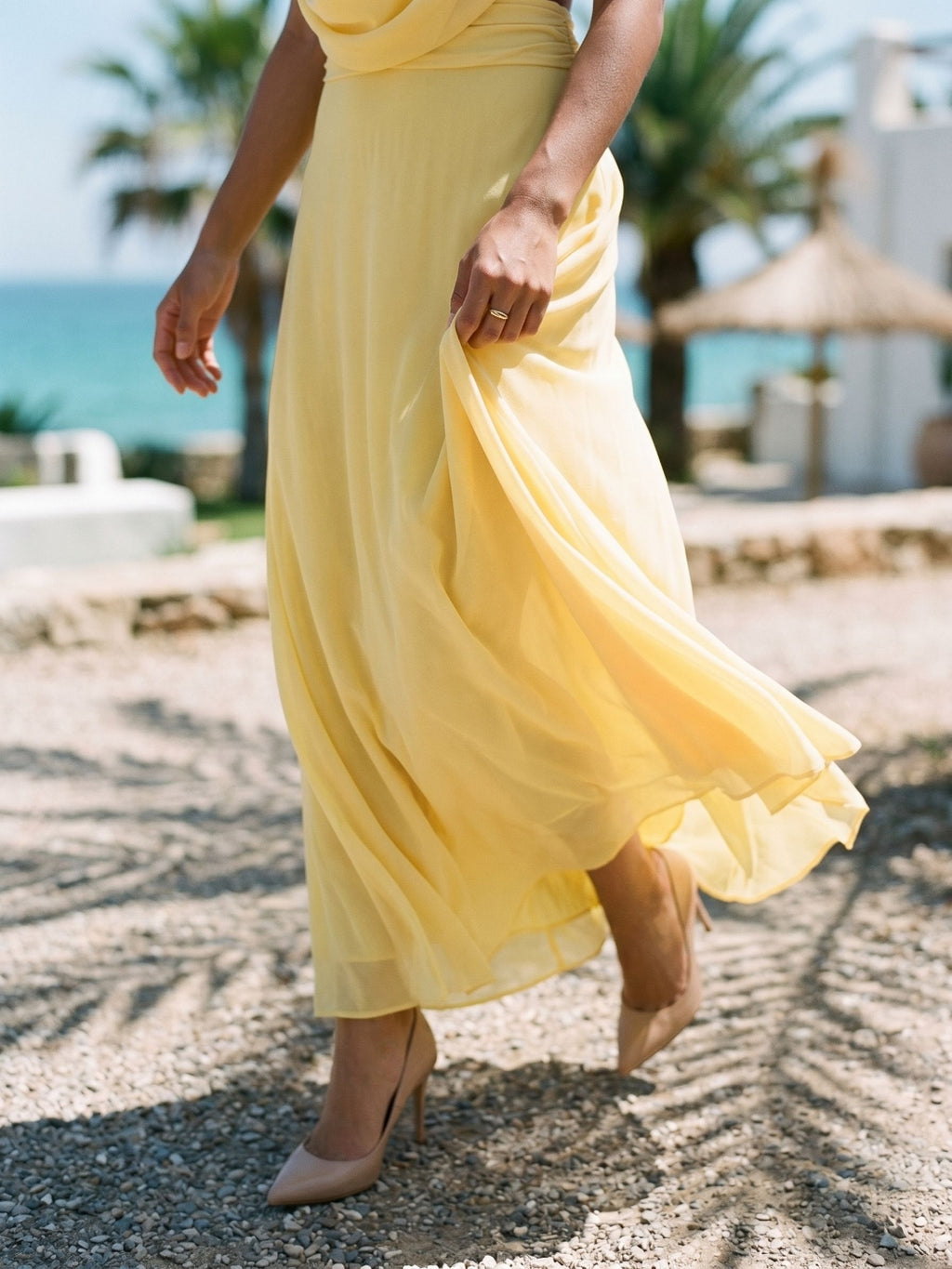 Daffodil Chiffon Column Halter Neckline Backless Ankle-Length Evening Dress