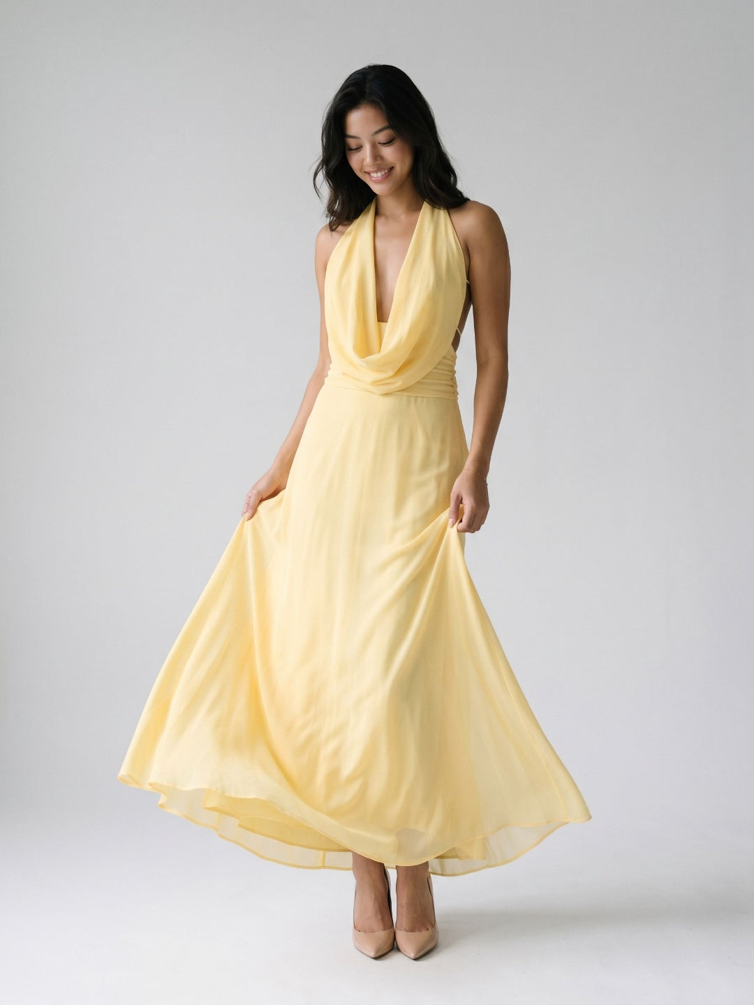 Daffodil Chiffon Column Halter Neckline Backless Ankle-Length Evening Dress