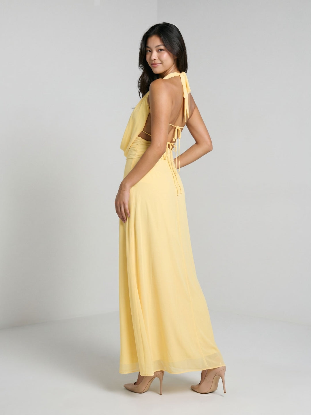 Daffodil Chiffon Column Halter Neckline Backless Ankle-Length Evening Dress