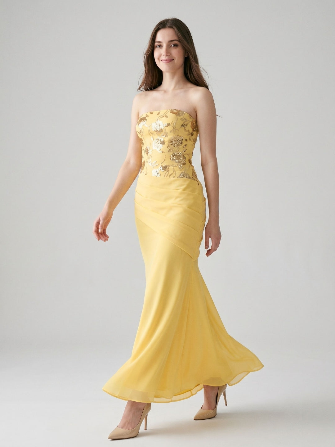 Daffodil Chiffon Mermaid Straight Neck Lace-Up Back Floor-Length Party Dress with Sequins