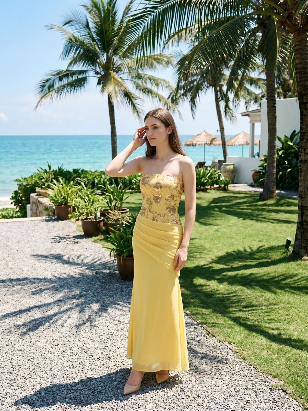 Daffodil Chiffon Mermaid Straight Neck Lace-Up Back Floor-Length Party Dress with Sequins